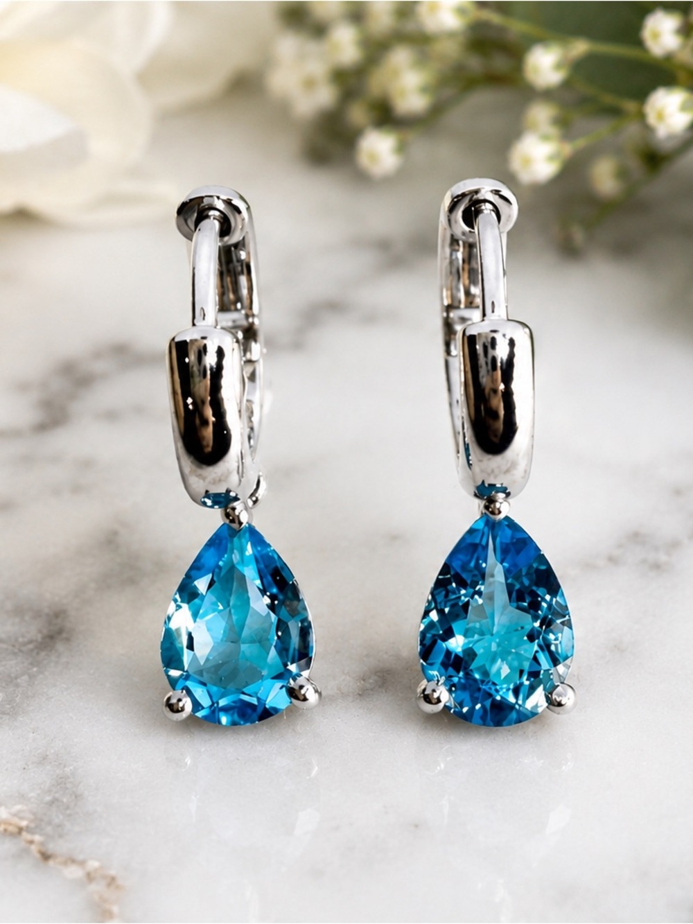 Pear Cut Swill Blue Topaz Drop Earrings